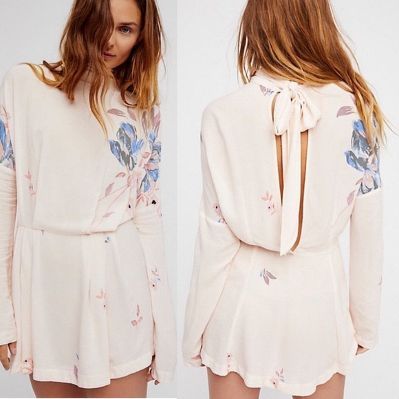 Free People Dresses & Skirts - Free People Morning Light Floral Mini Dress Ivory Blue Tie Back Boho Small